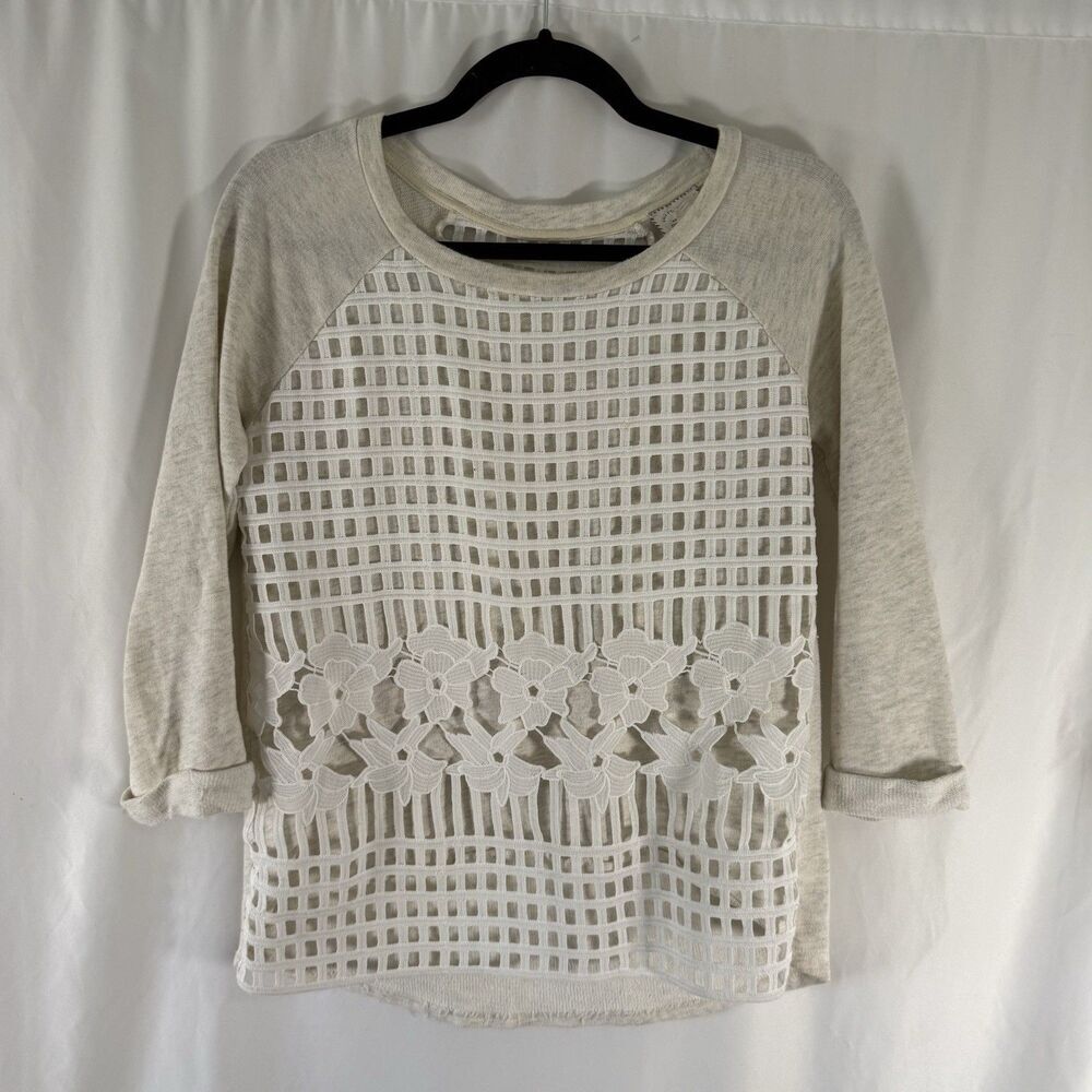 Postmark Anthropologie Blouse Women's XS Ivory 3/4 Sleeve Floral Crochet Overlay